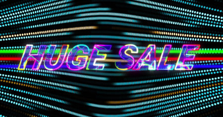 Displaying neon glitch âHUGE SALE' text glowing on digital ad, with RGB stripe and light-dot waves. Neon, digital, vibrant, advertisement, graphic, futuristic, technologyの写真素材