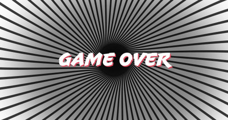 Showing GAME OVER text over black circle on digital background, with radial black and white stripes. Abstract, optical illusion, monochrome, dynamic, futuristic, minimalistic, digital artの写真素材