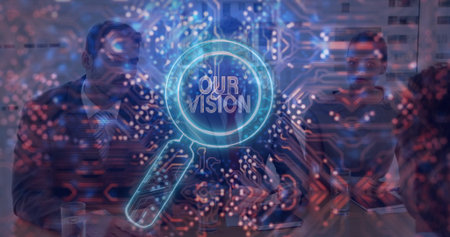 Highlighting glowing magnifying glass icon circling Our Vision in meeting room with circuit overlay....
