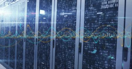 Processing data image over servers in high-tech data center environment. Technology, data analysis,...