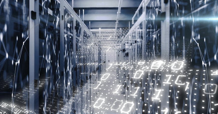 Streaming binary code floating along high tech server aisle, with tall cabinets and network cables....