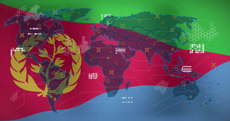 Digital data icons over world map, colorful image background in school. Global, technology, connectivity, network, education, innovationの写真素材