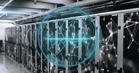 Magnifying glass icon over data servers with network connections image. Technology, cybersecurity,...