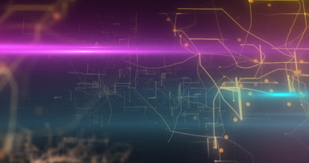 Floating abstract network structure illuminating virtual digital space, with magenta light beam. Futuristic, technology, digital art, cyber, innovation, abstract design, high-techの写真素材