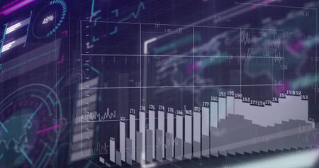 Extending three-dimensional bar chart across control-room desk with line plots and gauge dials....
