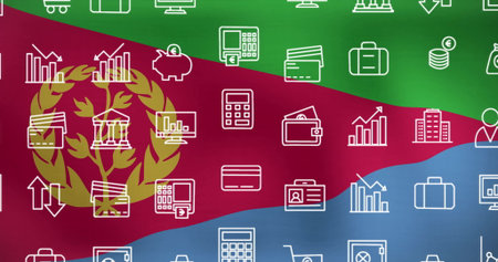 Showcasing Eritrean flag overlaying finance icons on digital canvas, with bar charts. National, finance, business, graphic, economy, investment, digitalの写真素材