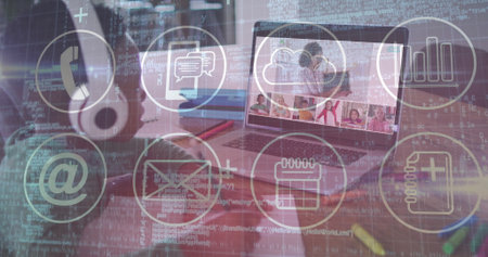 Image of digital communication icons overlaying laptop with image call in school. Technology, e-learning, virtual, connection, computer, onlineの写真素材