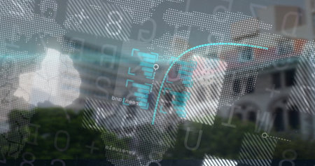 Projecting translucent data overlay on screen, showing building facade trees and cloud patches. Holographic, futuristic, minimalism, technology, urban, information, analyticsの写真素材