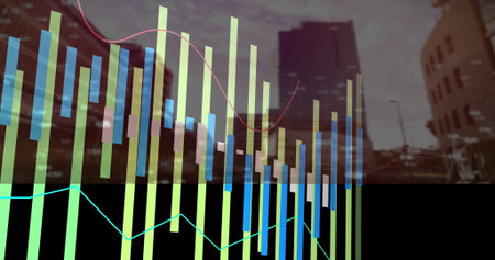 Bar and line graphs image over cityscape with tall buildings. Data visualization, analytics,...