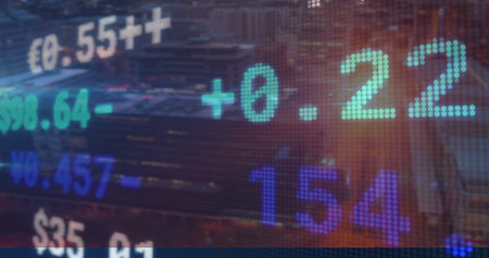 Floating dot-matrix ticker showing prices and % changes over city skyline, with currency symbols....