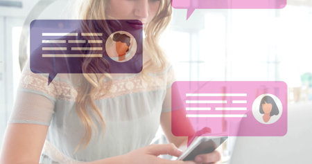 Texting on smartphone, woman with image chat bubbles in school environment. Technology,...