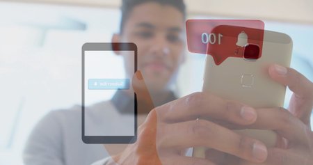 Holding smartphone, person seeing subscribe notification image overlay on screen. Social media, subscription, digital, technology, connectivity, communicationの写真素材