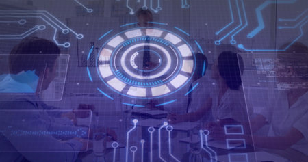 Presenting business executive pointing at holographic interface above conference table with laptops. Technology, teamwork, innovation, collaboration, data, futuristic, corporateの写真素材