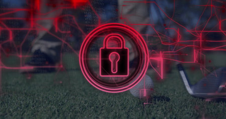 Displaying red digital padlock icon, red circuitry overlay on tee, with ball, club head and shoes....
