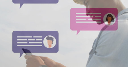 Using smartphone, child in image with colorful chat bubbles in school. Technology, communication, mobile, chatting, creativity, messagingの写真素材