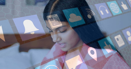 Using image, woman interacting with digital interface and app icons floating. Technology,...