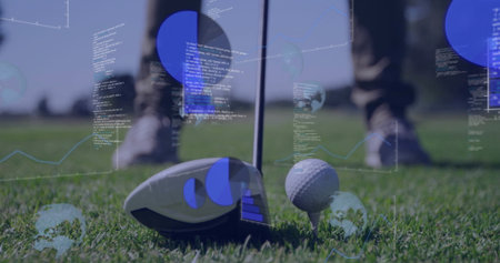 Golf club and ball on grass with data processing image overlay. sport, recreation, digital, graphics, technologyの写真素材