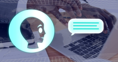 Typing hands wearing suit on laptop at office desk, with smartphone document, digital overlay icons. Professional, modern, minimalist, technology, workspace, corporate, businessの写真素材