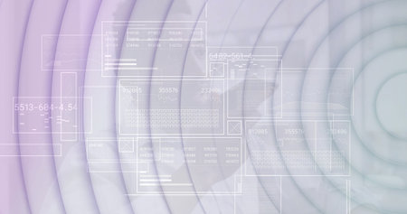 Showing translucent panels overlaying dashboard, with numeric tables, data charts and grid shapes....