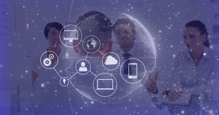 Office professionals reviewing digital globe overlay at conference table, wearing suits with laptop....