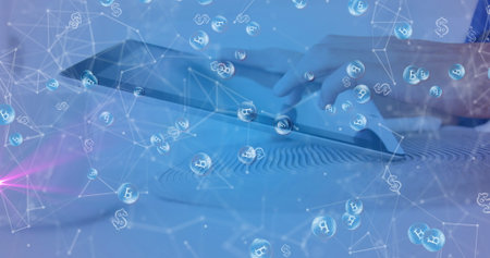 Touching tablet screen while viewing floating Bitcoin and dollar symbols on Zen garden tabletop. Technology, finance, blockchain, digital currency, innovation, workspace, networkingの写真素材