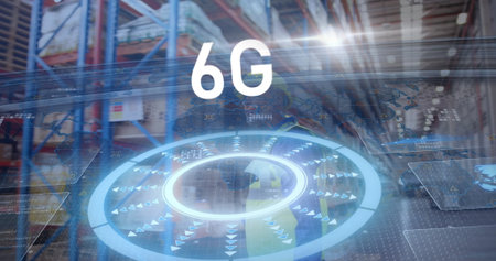 Projecting translucent holographic interface labeled 6G hovering over warehouse aisle, with racks....