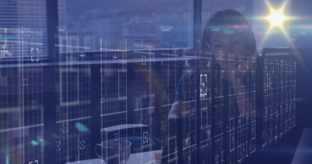 Analyzing woman in suit studying holographic data grid UI overlays at desk by window, copy space. Futuristic, innovation, digital, technology, professional, urban, sleekの写真素材