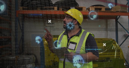 Warehouse worker wearing helmet, neon vest scanning metal shelving using stylus, AR graphics. Industrial, technology, logistics, inventory, digital, futuristic, organizationの写真素材