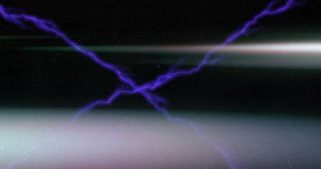 Pulsing purple lightning bolts crossing cosmic void center, with greenish and white light bands....