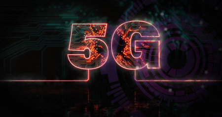 Displaying glowing 5G symbol in tech hub, with neon lines, circuit traces and radial interface....