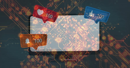 Smartphone with blank screen floating in glowing circuit board interface, with notification bubbles....