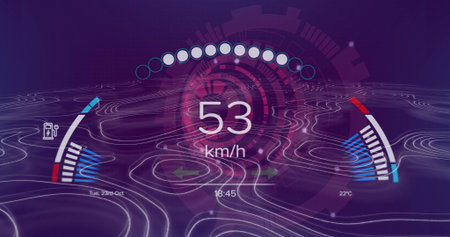 HUD displaying 53 km or h speed, nodes, battery and temperature gauges, date and time, in purple...