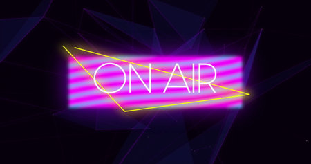 Flashing neon sign displaying ON AIR in studio, with pink purple stripes, yellow line, specks. Neon,...