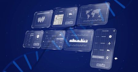 Holographic panels floating in UI, showing charts, calendar, waveform, map, shipment tracking....