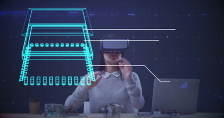 Person using virtual reality headset with digital circuit board image overlay. Technology,...