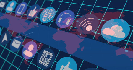 Displaying floating icons including globe, headphones, Wi-Fi, cloud, smartphone over map grid....