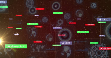 Showing Subscribed labels, Message Sent boxes, Liked badges hovering in network space, with HUD....
