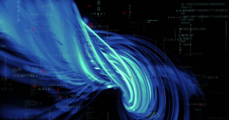 Twisting glowing blue data stream flowing through cyberspace tunnel with code snippets and binary....