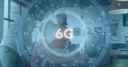 6G technology image over diverse people collaborating in modern office. innovation, communication,...