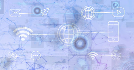 Connecting globe icon forming network in digital map background, with email envelope and WiFi icon....