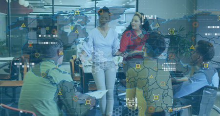 Business team collaborating in office with world map and data overlay image. teamwork,...