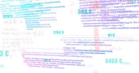 Image of mathematical equations and programming code overlapping on digital screen. Technology,...