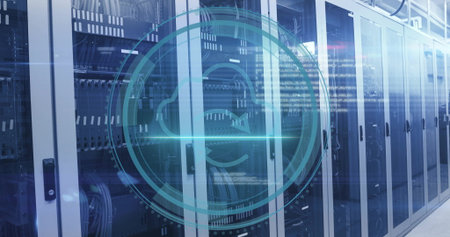 Cloud computing symbol image over server racks in data center. Technology, digital, servers,...