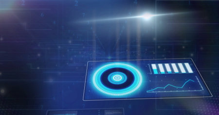 Floating holographic panel in interface, with gauge, bar chart, line graph and digits, copy space....