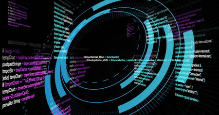 Animating interface with blue arcs and radial indicators showing code snippets and functions....
