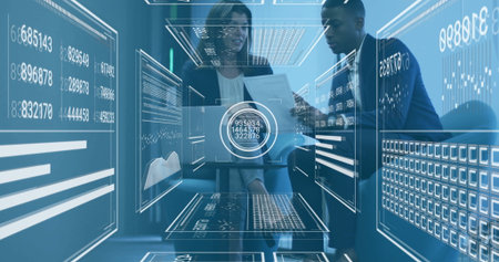 In office, business professionals analyzing data with digital interface overlay. teamwork,...