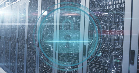 Digital lock image over futuristic server room with circuit patterns. Cybersecurity, technology,...