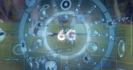Showing futuristic 6G interface over grass field with concentric rings, globe icons and sports ball....