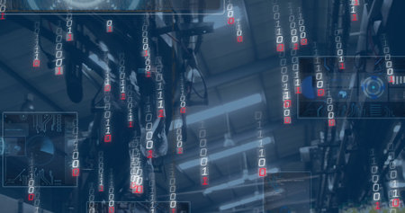 Streaming binary code over suspended conveyor hooks and rails at factory hall, showing HUD overlays. Industrial, automation, technology, robotics, digital, manufacturing, futuristicの写真素材
