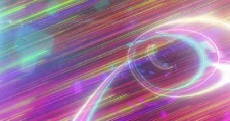 Emitting pastel glows from ring-like structure in space with neon streaks and particles, copy space....